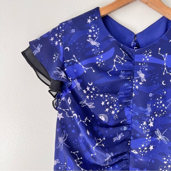 Three Floor Navy Blue Afterglow Cosmic Star Printed Mini Dress - Picture 6 of 15